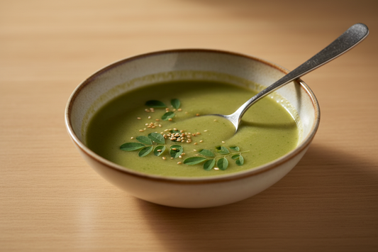 A high-resolution, professional food photograph of a moringa soup dish in a bowl with a spoon. mildly green in color, silky, and lightly glossy. Styled on a ceramic bowl with soft natural lighting. Shallow depth of field, clean background, minimalistic composition, restaurant-style presentation, warm tones, soft shadows, top-down and 45° angle blend. 