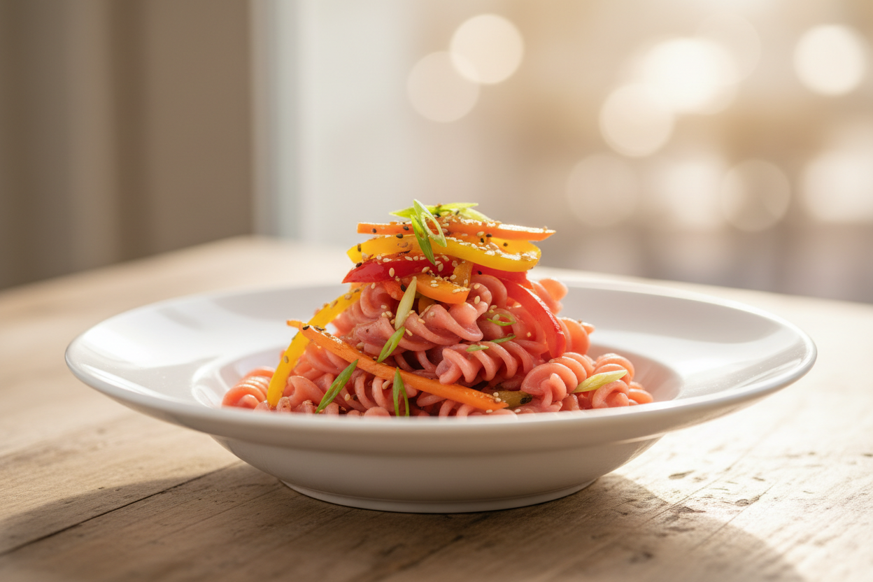 A high-resolution, professional food photograph of a plated beetroot fusili pasta- colour very very mild pinkish, silky. Styled on a ceramic plate with soft natural lighting. Garnished with sautéed vegetables (bell peppers, carrots, spring onions) and a few toasted sesame seeds. Shallow depth of field, clean background, minimalistic composition, restaurant-style presentation, warm. 