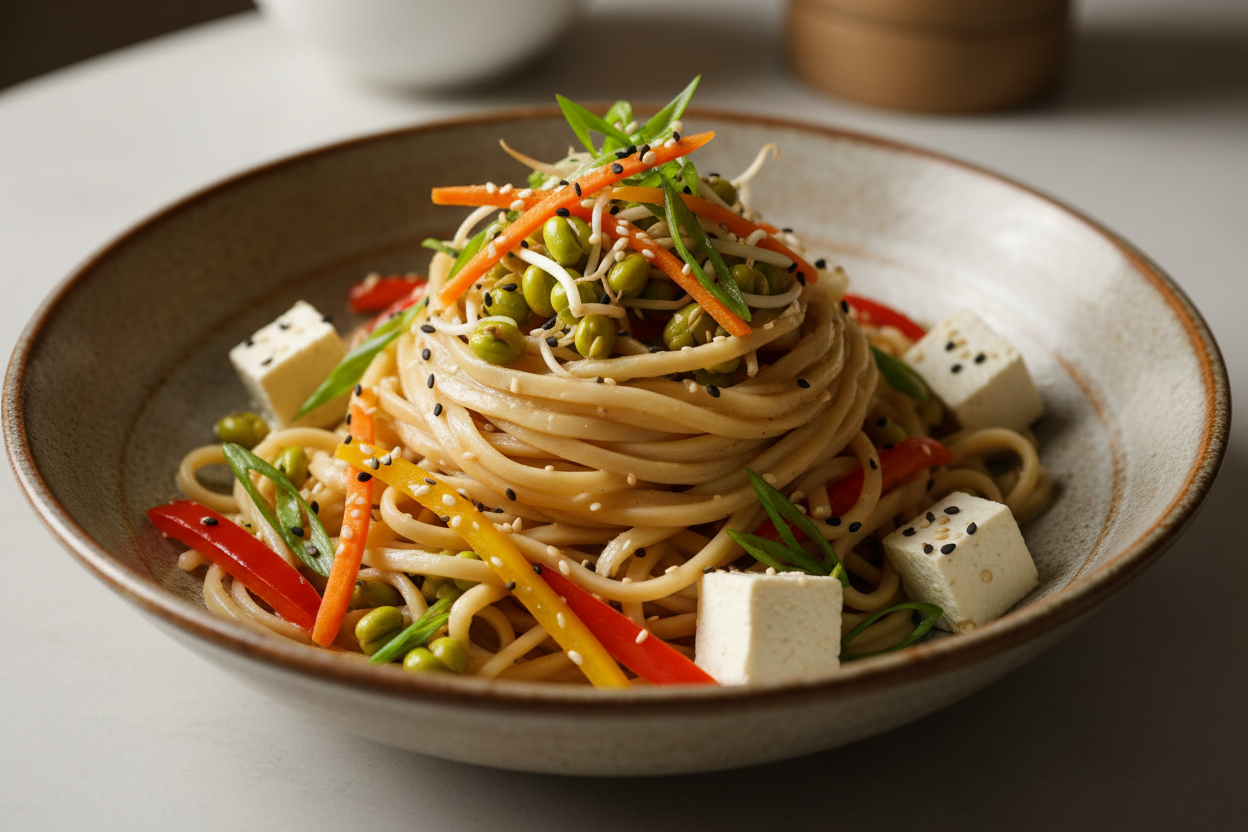 A high-resolution, professional food photograph of a plated chinese style noodles- mild beige in colour, silky. Styled on a ceramic plate with soft natural lighting. Garnished with paneer, sautéed sprouted green gram, vegetables (bell peppers, carrots, spring onions) and a few toasted sesame seeds in a coconut milk sauce. Shallow depth of field, clean background, minimalistic composition, restaurant-style presentation, warm tones, soft shadows, top-down and 45° angle blend. 