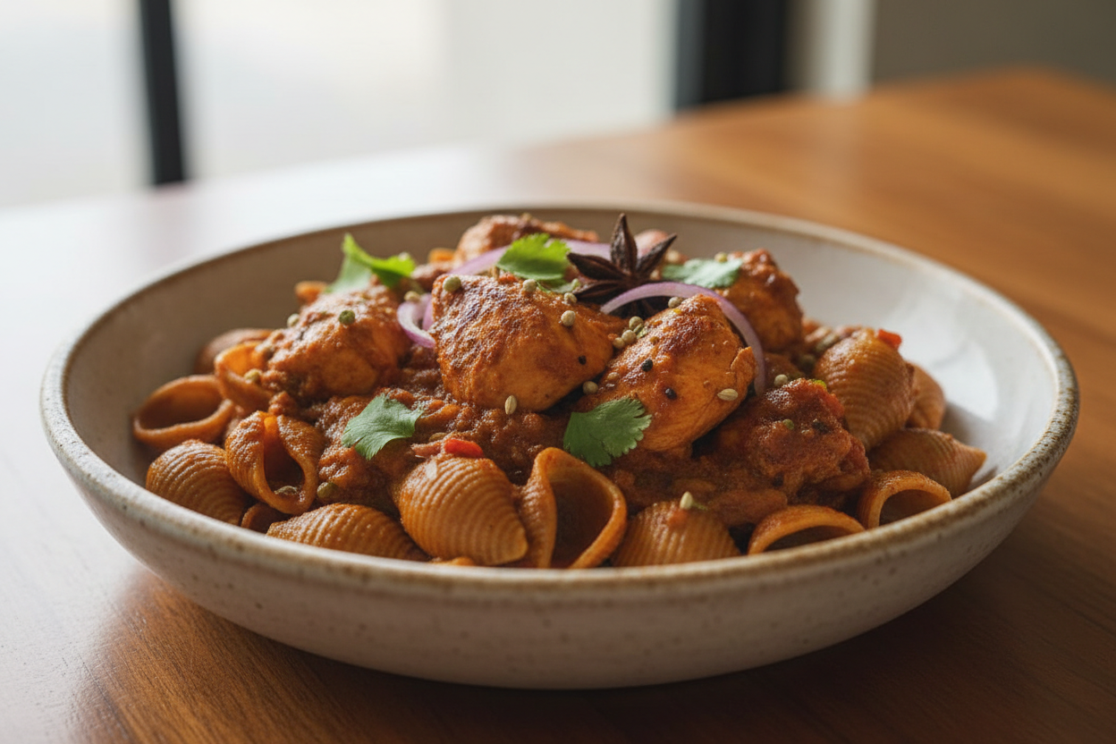 A high-resolution, professional food photograph of a plated conchiglie shaped pasta- mild dark brownish in colour mixed in Garnished with indian masala of onion tomatoe base with chicke roasted pieces. Styled on a ceramic plate with soft natural lighting..  Shallow depth of field, clean background, minimalistic composition, restaurant-style presentation, warm tones, soft shadows, top-down and 45° angle blend. 