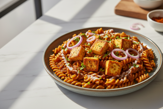 A high-resolution, professional food photograph of a plated fusili shaped pasta- dark brownish in colour mixed in Garnished with indian masala of onion tomatoe base with paneer roasted pieces. Styled on a ceramic plate with soft natural lighting..  Shallow depth of field, clean background, minimalistic composition, restaurant-style presentation, warm tones, soft shadows, top-down and 45° angle blend. 