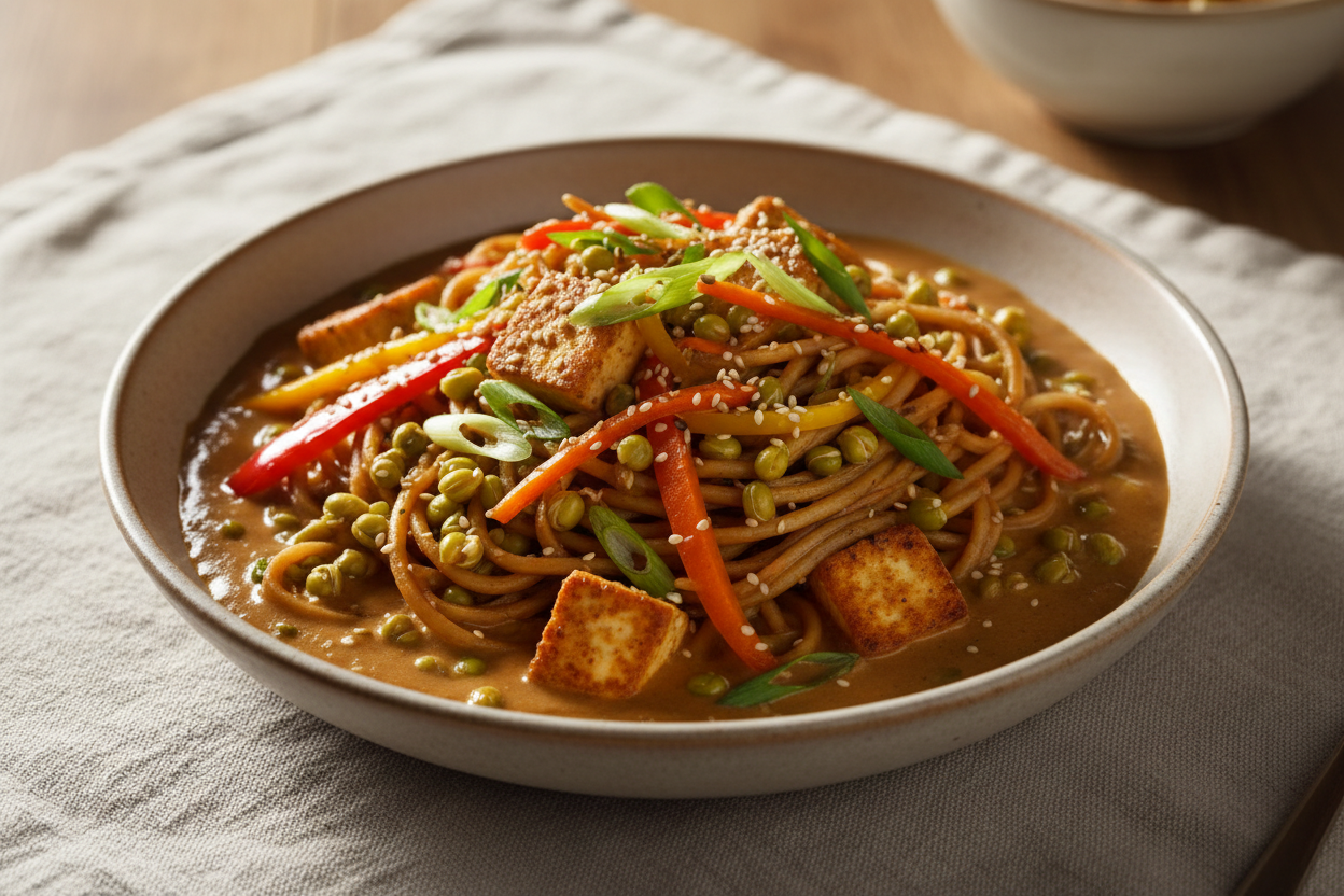 A high-resolution, professional food photograph of a plated gluten free noodles in coconut milk sauce- brownish in colour, silky. Styled on a ceramic plate with soft natural lighting. Garnished with paneer, sautéed sprouted green gram, vegetables (bell peppers, carrots, spring onions) and a few toasted sesame seeds in a coconut milk sauce. Shallow depth of field, clean background, minimalistic composition, restaurant-style presentation, warm tones, soft shadows, top-down and 45° angle blend. 