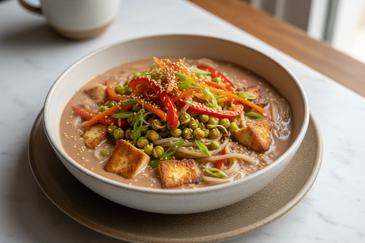 A high-resolution, professional food photograph of a plated gluten free noodles in coconut milk sauce- mild brownish ppink in colour, silky. Styled on a ceramic plate with soft natural lighting. Garnished with paneer, sautéed sprouted green gram, vegetables (bell peppers, carrots, spring onions) and a few toasted sesame seeds in a coconut milk sauce. Shallow depth of field, clean background, minimalistic composition, restaurant-style presentation, warm tones, soft shadows, top-down and 45° angle blend. 