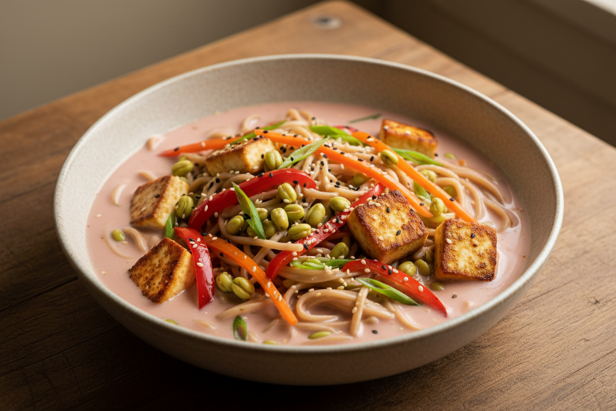 A high-resolution, professional food photograph of a plated gluten free noodles in coconut milk sauce- mild pinkish in colour, silky. Styled on a ceramic plate with soft natural lighting. Garnished with paneer, sautéed sprouted green gram, vegetables (bell peppers, carrots, spring onions) and a few toasted sesame seeds in a coconut milk sauce. Shallow depth of field, clean background, minimalistic composition, restaurant-style presentation, warm tones, soft shadows, top-down and 45° angle blend. 