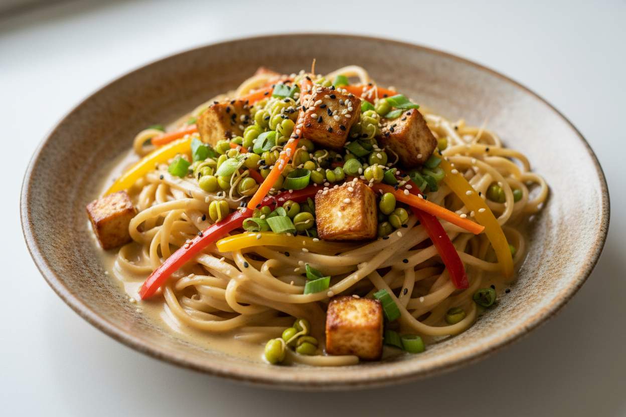 A high-resolution, professional food photograph of a plated gluten free noodles in sauce- mild beige in colour, silky. Styled on a ceramic plate with soft natural lighting. Garnished with paneer, sautéed sprouted green gram, vegetables (bell peppers, carrots, spring onions) and a few toasted sesame seeds. Shallow depth of field, clean background, minimalistic composition, restaurant-style presentation, warm tones, soft shadows, top-down and 45° angle blend. 