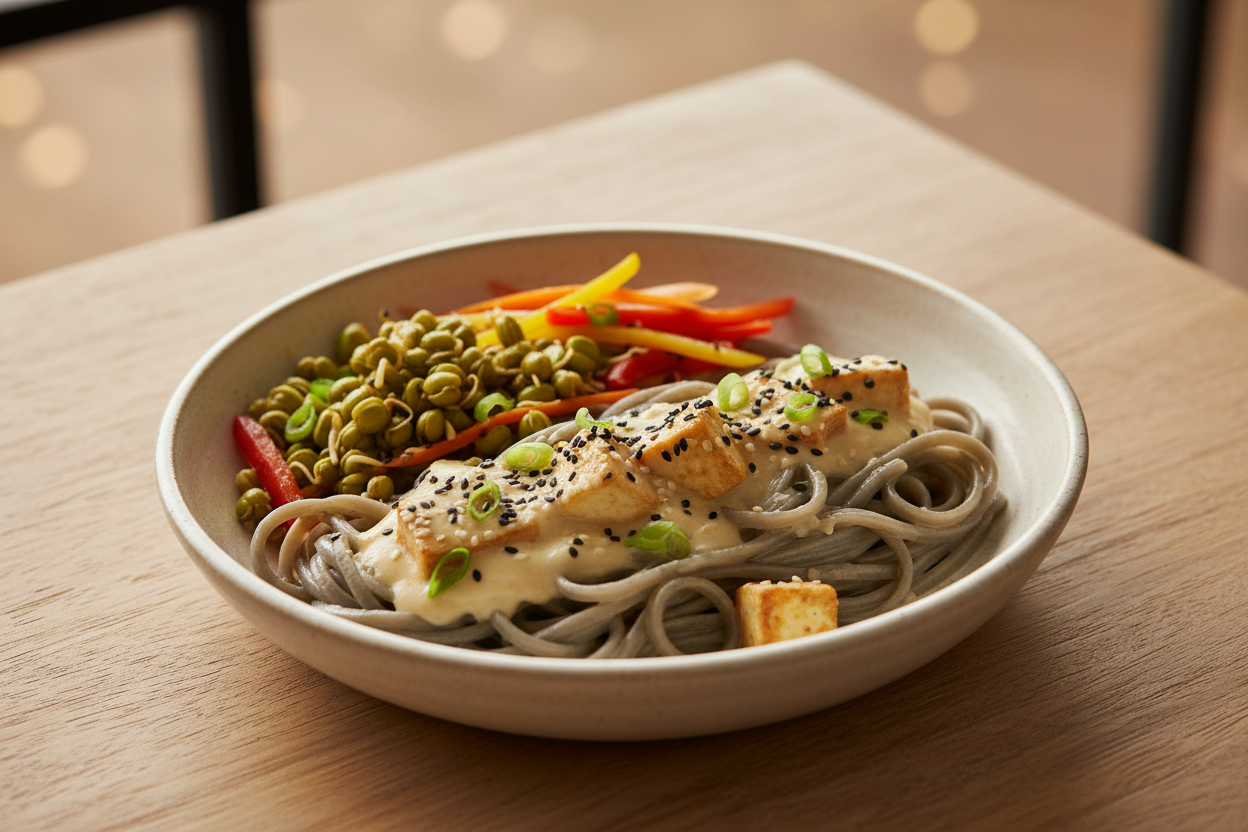 A high-resolution, professional food photograph of a plated gluten free noodles- mild gryyishnin colour, silky. Styled on a ceramic plate with soft natural lighting. Garnished with paneer, sautéed sprouted green gram, vegetables (bell peppers, carrots, spring onions) and a few toasted sesame seeds in a coconut milk sauce. Shallow depth of field, clean background, minimalistic composition, restaurant-style presentation, warm tones, soft shadows, top-down and 45° angle blend. 