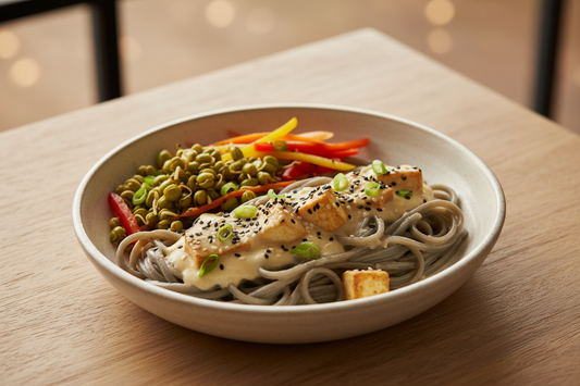 A high-resolution, professional food photograph of a plated gluten free noodles- mild gryyishnin colour, silky. Styled on a ceramic plate with soft natural lighting. Garnished with paneer, sautéed sprouted green gram, vegetables (bell peppers, carrots, spring onions) and a few toasted sesame seeds in a coconut milk sauce. Shallow depth of field, clean background, minimalistic composition, restaurant-style presentation, warm tones, soft shadows, top-down and 45° angle blend. 