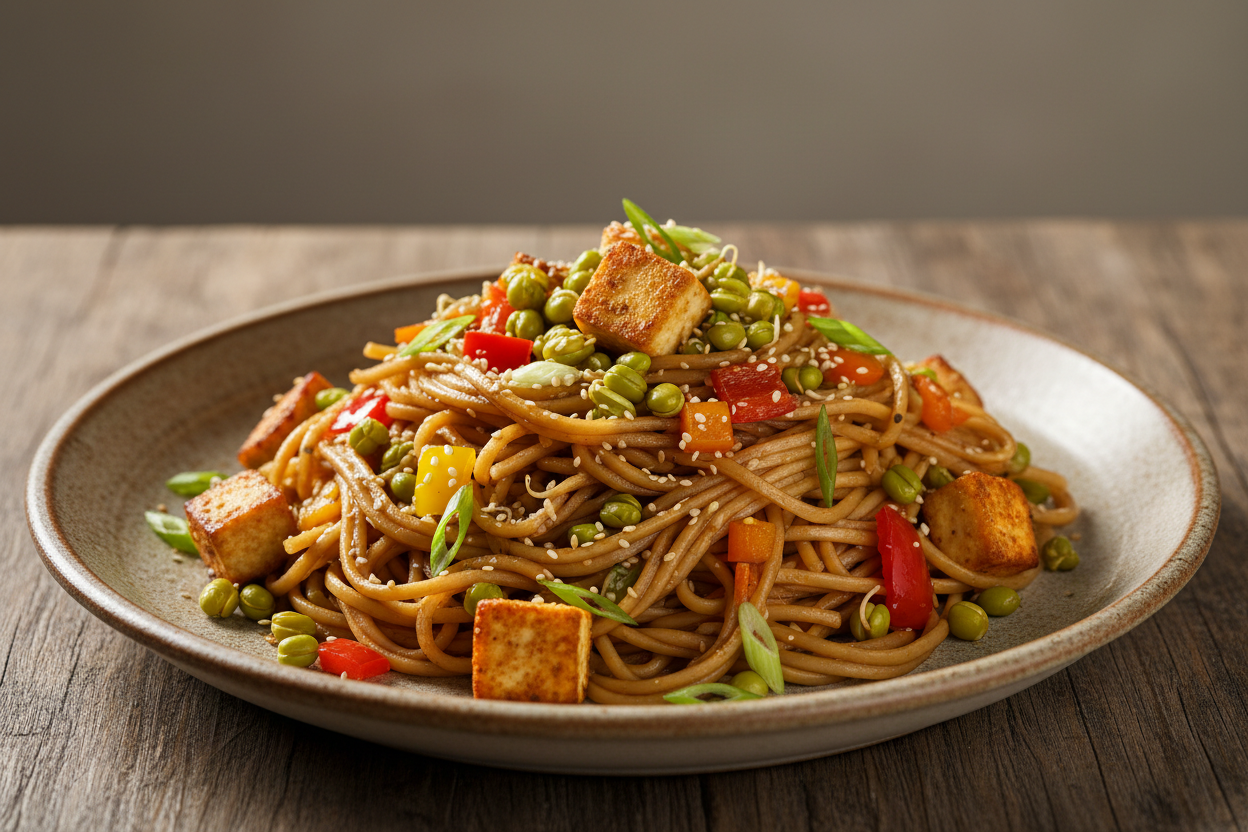 A high-resolution, professional food photograph of a plated gluten free noodles- mild tan in colour, silky. Styled on a ceramic plate with soft natural lighting. Garnished with paneer, sautéed sprouted green gram, vegetables (bell peppers, carrots, spring onions) and a few toasted sesame seeds.Shallow depth of field, clean background, minimalistic composition, restaurant-style presentation, warm tones, soft shadows, top-down and 45° angle blend. 