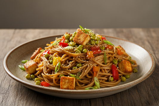 A high-resolution, professional food photograph of a plated gluten free noodles- mild tan in colour, silky. Styled on a ceramic plate with soft natural lighting. Garnished with paneer, sautéed sprouted green gram, vegetables (bell peppers, carrots, spring onions) and a few toasted sesame seeds.Shallow depth of field, clean background, minimalistic composition, restaurant-style presentation, warm tones, soft shadows, top-down and 45° angle blend. 