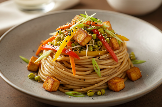 A high-resolution, professional food photograph of a plated gluten free noodles- mild tan in colour, silky. Styled on a ceramic plate with soft natural lighting. Garnished with paneer, sautéed sprouted green gram, vegetables (bell peppers, carrots, spring onions) and a few toasted sesame seeds in a sauce base. Shallow depth of field, clean background, minimalistic composition, restaurant-style presentation, warm tones, soft shadows, top-down and 45° angle blend. 