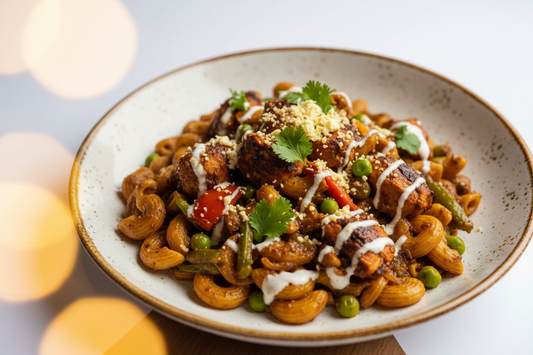 A high-resolution, professional food photograph of a plated macroni shaped pasta- mild dark brownish in colour mixed in Garnished with indian masala of onion tomatoe base with chicke roasted pieces and vegetables. Styled on a ceramic plate with soft natural lighting..  Shallow depth of field, clean background, minimalistic composition, restaurant-style presentation, warm tones, soft shadows, top-down and 45° angle blend. 