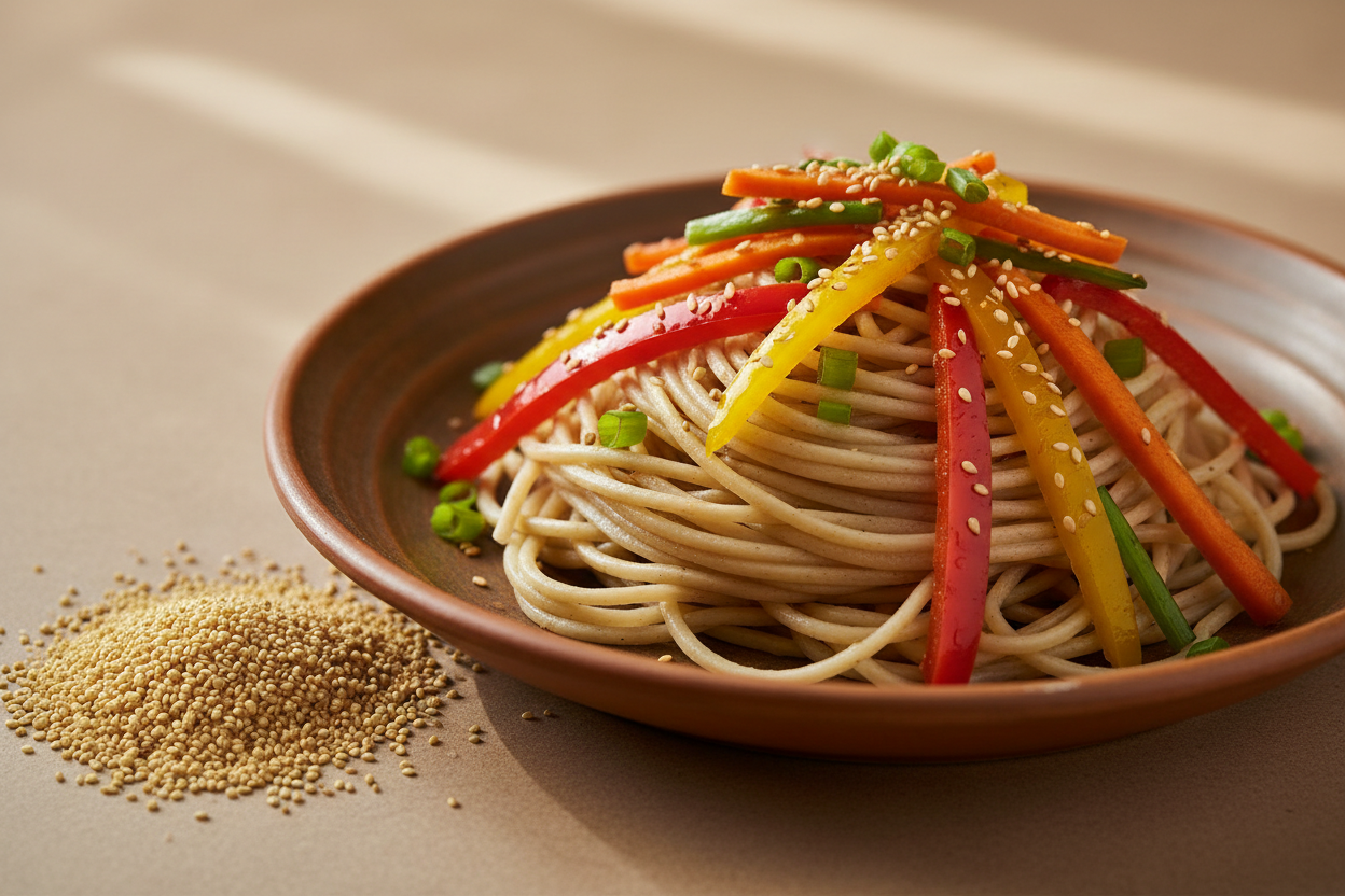 A high-resolution, professional food photograph of a plated noodle dish made from sprouted amaranth, tapioca flour, and cluster beans powder. The noodles are in Amaranth grain colour beige, silky. Styled on a ceramic plate with soft natural lighting. Garnished with sautéed vegetables (bell peppers, carrots, spring onions) and a few toasted sesame seeds. on side neat the plate, sprouted amaranth grains. Shallow depth of field, clean background, minimalistic composition, restaurant-style presentation, warm. 