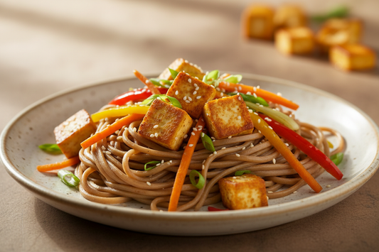 A high-resolution, professional food photograph of a plated noodles made from cow peas- colour mild brownish, silky. Styled on a ceramic plate with soft natural lighting. Garnished with paneer, sautéed vegetables (bell peppers, carrots, spring onions) and a few toasted sesame seeds. Shallow depth of field, clean background, minimalistic composition, restaurant-style presentation, warm. 