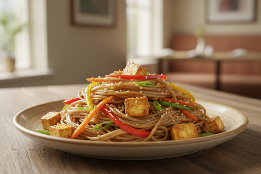 A high-resolution, professional food photograph of a plated noodles made from moth beans- colour mild brownish, silky. Styled on a ceramic plate with soft natural lighting. Garnished with paneer, sautéed vegetables (bell peppers, carrots, spring onions) and a few toasted sesame seeds. Shallow depth of field, clean background, minimalistic composition, restaurant-style presentation, warm. 