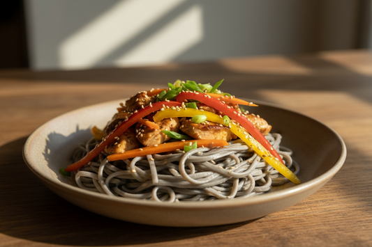 A high-resolution, professional food photograph of a plated noodles- mild dark gray in colour, silky. Styled on a ceramic plate with soft natural lighting. Garnished with chicken, sautéed vegetables (bell peppers, carrots, spring onions) and a few toasted sesame seeds. Shallow depth of field, clean background, minimalistic composition, restaurant-style presentation, warm tones, soft shadows, top-down and 45° angle blend. 