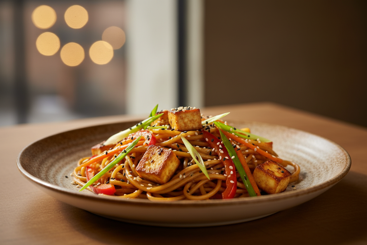 A high-resolution, professional food photograph of a plated noodles- mild dark tan in colour, silky. Styled on a ceramic plate with soft natural lighting. Garnished with paneer, sautéed vegetables (bell peppers, carrots, spring onions) and a few toasted sesame seeds.Shallow depth of field, clean background, minimalistic composition, restaurant-style presentation, warm tones, soft shadows, top-down and 45° angle blend. 