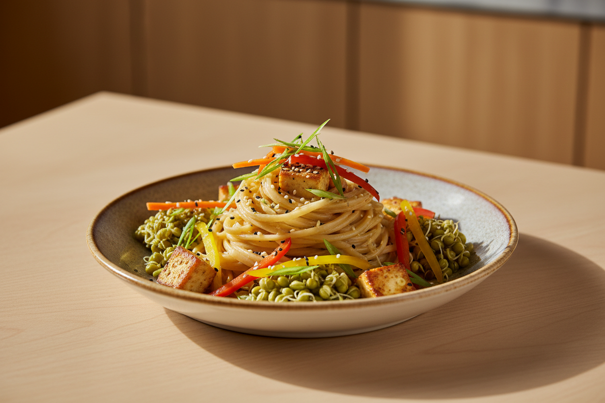 A high-resolution, professional food photograph of a plated noodles- mild tan in colour, silky. Styled on a ceramic plate with soft natural lighting. Garnished with paneer, sautéed sprouted green gram, vegetables (bell peppers, carrots, spring onions) and a few toasted sesame seeds.Shallow depth of field, clean background, minimalistic composition, restaurant-style presentation, warm tones, soft shadows, top-down and 45° angle blend. 