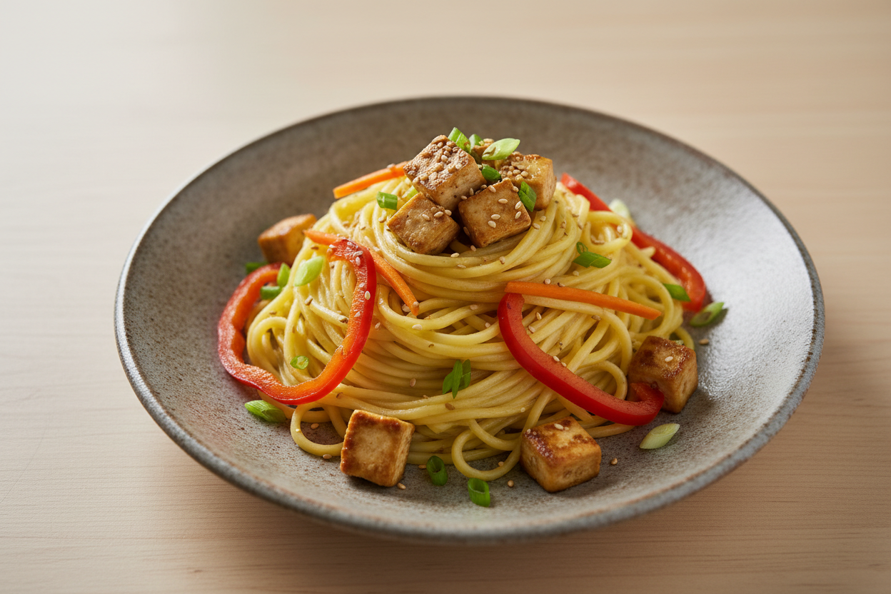A high-resolution, professional food photograph of a plated noodles- mild yellow in colour, silky. Styled on a ceramic plate with soft natural lighting. Garnished with tofu, sautéed vegetables (bell peppers, carrots, spring onions) and a few toasted sesame seeds.Shallow depth of field, clean background, minimalistic composition, restaurant-style presentation, warm tones, soft shadows, top-down and 45° angle blend. 