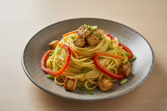 A high-resolution, professional food photograph of a plated noodles- mild yellow in colour, silky. Styled on a ceramic plate with soft natural lighting. Garnished with tofu, sautéed vegetables (bell peppers, carrots, spring onions) and a few toasted sesame seeds.Shallow depth of field, clean background, minimalistic composition, restaurant-style presentation, warm tones, soft shadows, top-down and 45° angle blend. 
