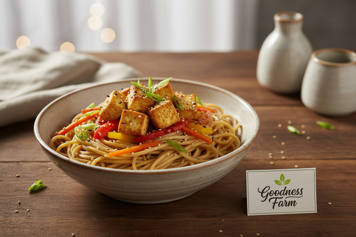 A high-resolution, professional food photograph of a plated noodles- tan in colour, silky. Styled on a ceramic plate with soft natural lighting. Garnished with paneer, sautéed vegetables (bell peppers, carrots, spring onions) and a few toasted sesame seeds.Shallow depth of field, clean background, minimalistic composition, restaurant-style presentation, warm tones, soft shadows, top-down and 45° angle blend. pls add Goodness Farm label on side that will make it look appealing.