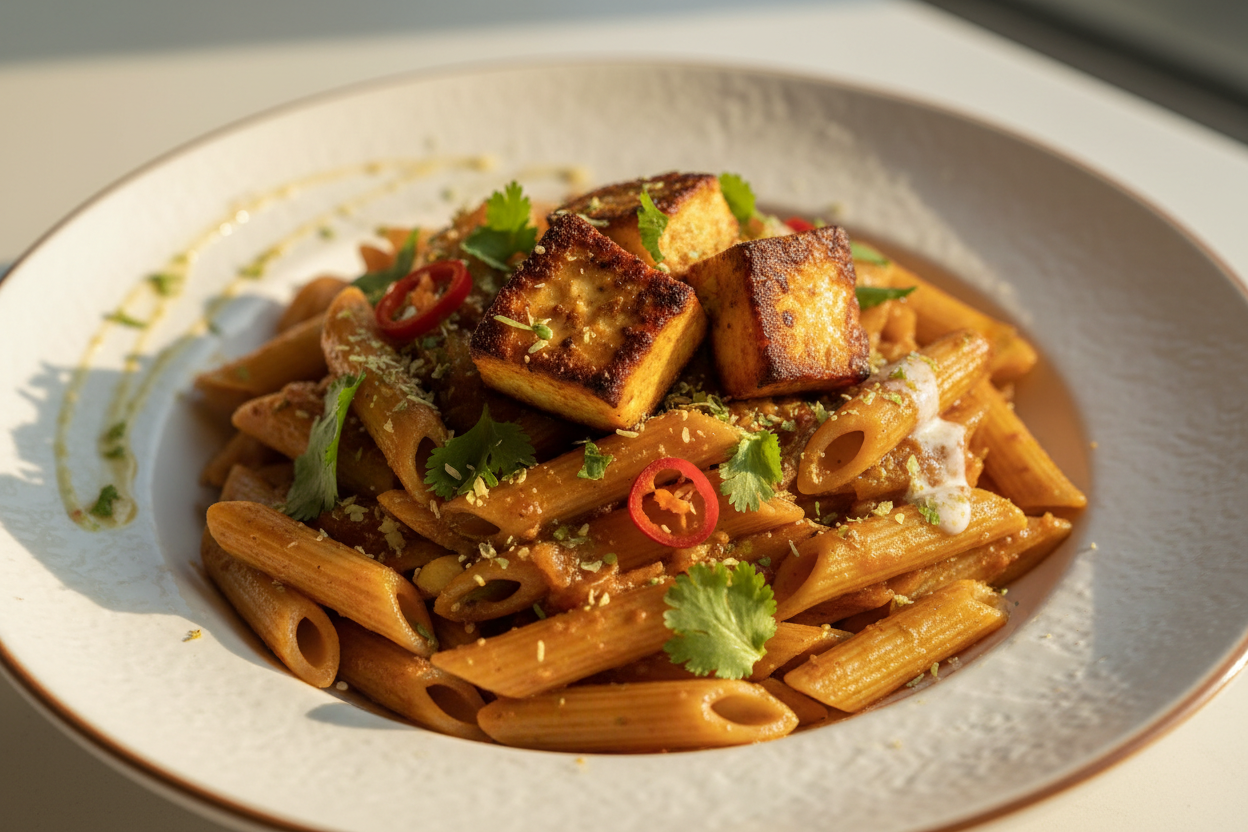 A high-resolution, professional food photograph of a plated penne shaped pasta- brownish in colour mixed in Garnished with indian masala of onion tomatoe base with paneer roasted pieces. Styled on a ceramic plate with soft natural lighting..  Shallow depth of field, clean background, minimalistic composition, restaurant-style presentation, warm tones, soft shadows, top-down and 45° angle blend. 