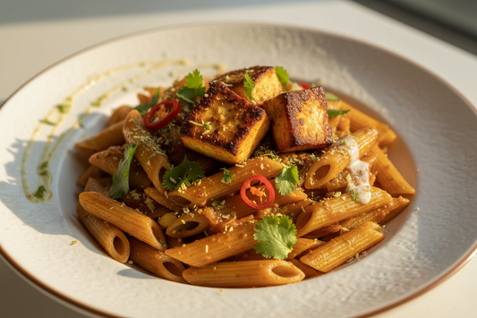 A high-resolution, professional food photograph of a plated penne shaped pasta- brownish in colour mixed in Garnished with indian masala of onion tomatoe base with paneer roasted pieces. Styled on a ceramic plate with soft natural lighting..  Shallow depth of field, clean background, minimalistic composition, restaurant-style presentation, warm tones, soft shadows, top-down and 45° angle blend. 
