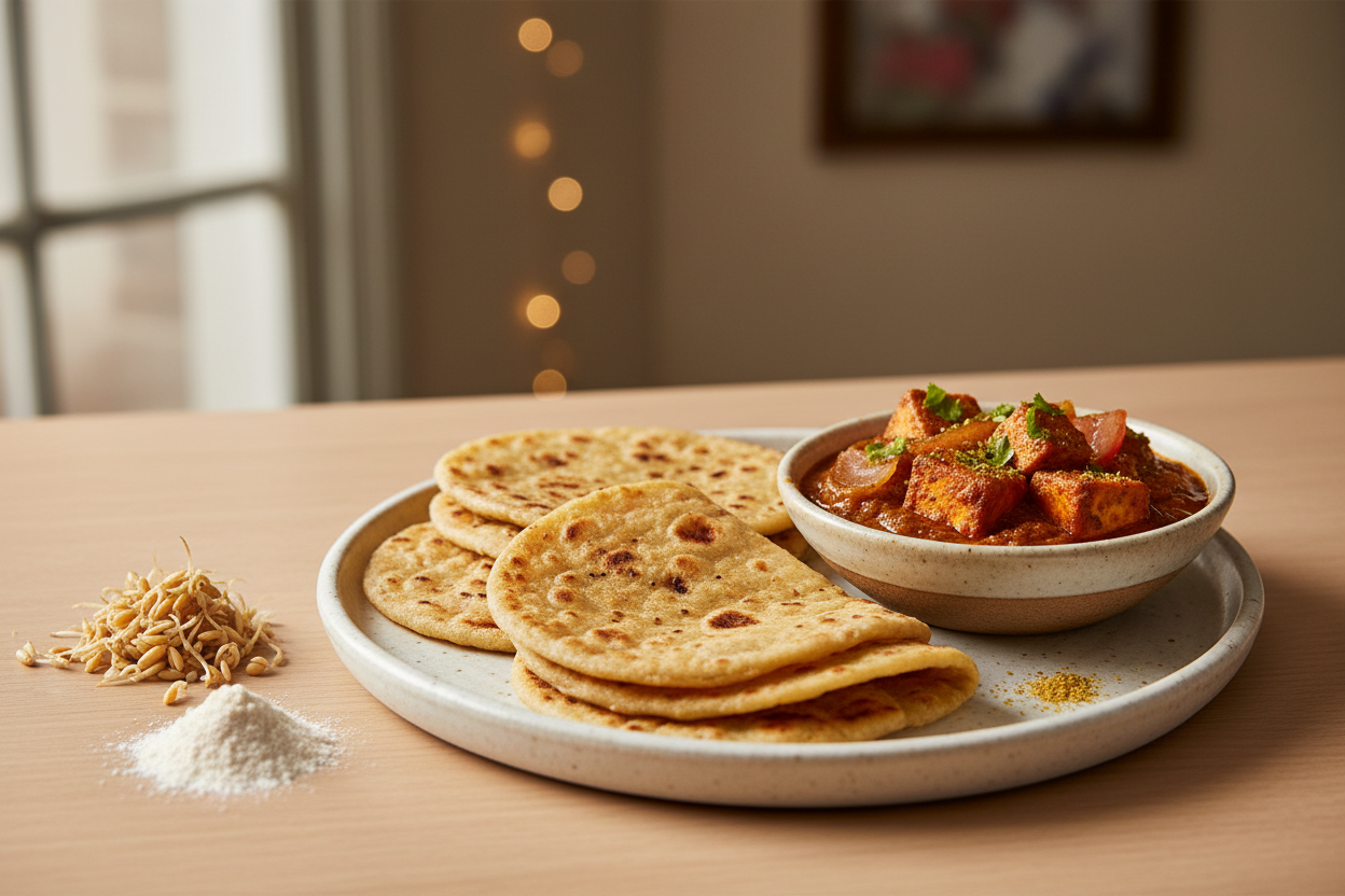 A high-resolution, professional food photograph of a plated rotis with a side indian masala of onion tomatoe base with paneer roasted pieces. Styled on a ceramic plate with soft natural lighting..  Shallow depth of field, clean background, minimalistic composition, restaurant-style presentation, warm tones, soft shadows, top-down and 45° angle blend. on side sprouted wheat and flour 
