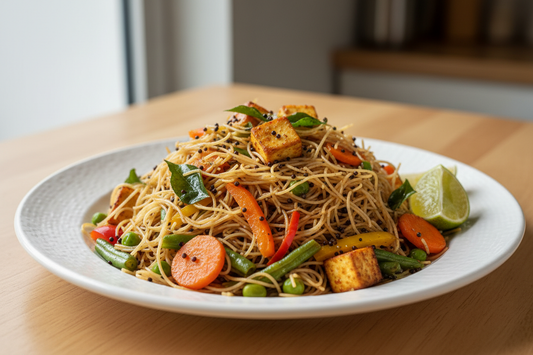 A high-resolution, professional food photograph of a plated thin vermicelli sevai- mild brown in colour mixed in Garnished with indian tadka in mustard seeds, curry leaves,  paneer, sautéed carrot, green beans, bell peppers, green peas with a cut lime slice. Styled on a ceramic plate with soft natural lighting..  Shallow depth of field, clean background, minimalistic composition, restaurant-style presentation, warm tones, soft shadows, top-down and 45° angle blend. 