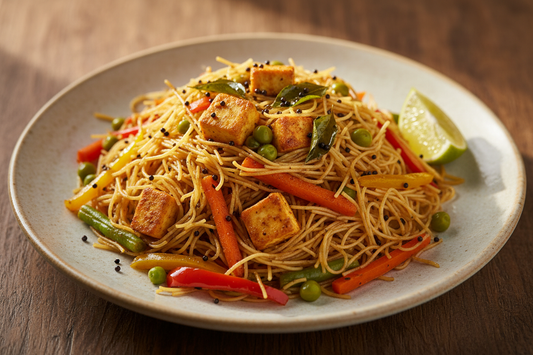 A high-resolution, professional food photograph of a plated thin vermicelli sevai- mild brownish in colour mixed in Garnished with indian tadka in mustard seeds, curry leaves,  paneer, sautéed carrot, green beans, bell peppers, green peas with a cut lime slice. Styled on a ceramic plate with soft natural lighting..  Shallow depth of field, clean background, minimalistic composition, restaurant-style presentation, warm tones, soft shadows, top-down and 45° angle blend. 