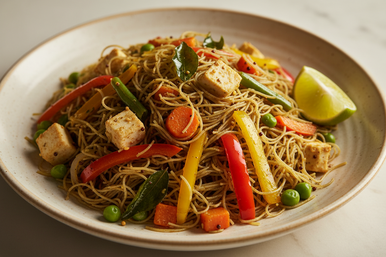A high-resolution, professional food photograph of a plated thin vermicelli sevai- mild dark brownish green in colour mixed in Garnished with indian tadka in mustard seeds, curry leaves,  paneer, sautéed carrot, green beans, bell peppers, green peas with a cut lime slice. Styled on a ceramic plate with soft natural lighting..  Shallow depth of field, clean background, minimalistic composition, restaurant-style presentation, warm tones, soft shadows, top-down and 45° angle blend. 