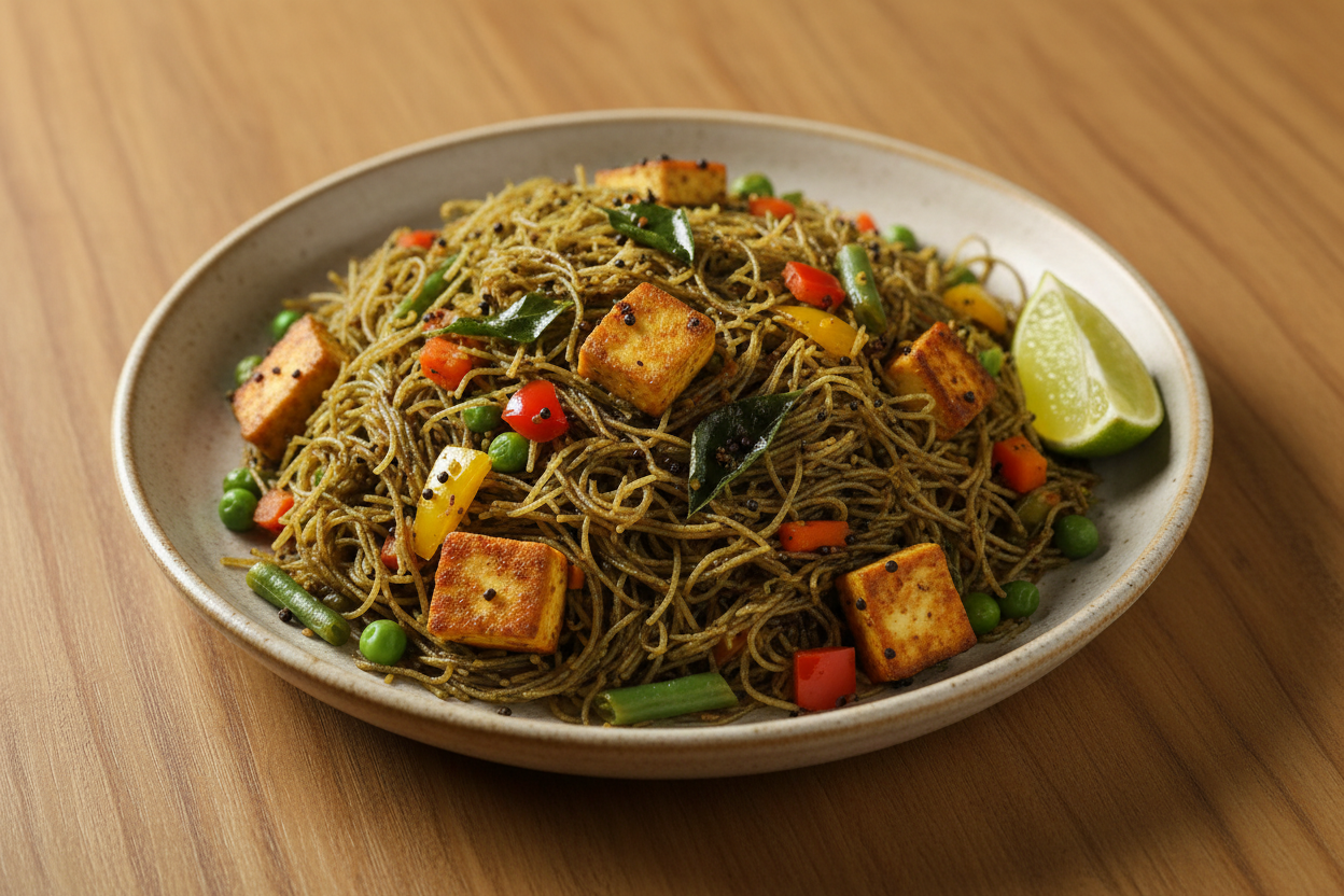 A high-resolution, professional food photograph of a plated thin vermicelli sevai- mild dark brownish green in colour mixed in Garnished with indian tadka in mustard seeds, curry leaves,  paneer, sautéed carrot, green beans, bell peppers, green peas with a cut lime slice. Styled on a ceramic plate with soft natural lighting..  Shallow depth of field, clean background, minimalistic composition, restaurant-style presentation, warm tones, soft shadows, top-down and 45° angle blend. 