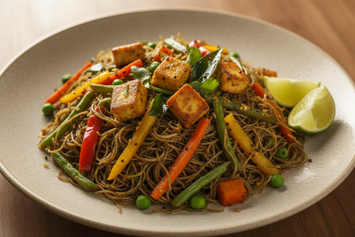 A high-resolution, professional food photograph of a plated thin vermicelli sevai- mild dark brownish green in colour mixed in Garnished with indian tadka in mustard seeds, curry leaves,  paneer, sautéed carrot, green beans, bell peppers, green peas with a cut lime slice. Styled on a ceramic plate with soft natural lighting..  Shallow depth of field, clean background, minimalistic composition, restaurant-style presentation, warm tones, soft shadows, top-down and 45° angle blend. 