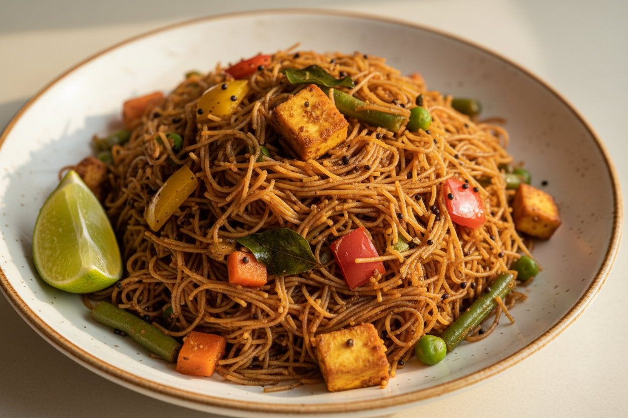 A high-resolution, professional food photograph of a plated thin vermicelli sevai- mild dark brownish red in colour mixed in Garnished with indian tadka in mustard seeds, curry leaves,  paneer, sautéed carrot, green beans, bell peppers, green peas with a cut lime slice. Styled on a ceramic plate with soft natural lighting..  Shallow depth of field, clean background, minimalistic composition, restaurant-style presentation, warm tones, soft shadows, top-down and 45° angle blend. 