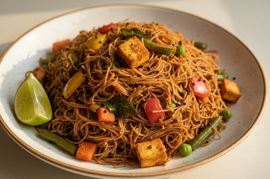 A high-resolution, professional food photograph of a plated thin vermicelli sevai- mild dark brownish red in colour mixed in Garnished with indian tadka in mustard seeds, curry leaves,  paneer, sautéed carrot, green beans, bell peppers, green peas with a cut lime slice. Styled on a ceramic plate with soft natural lighting..  Shallow depth of field, clean background, minimalistic composition, restaurant-style presentation, warm tones, soft shadows, top-down and 45° angle blend. 
