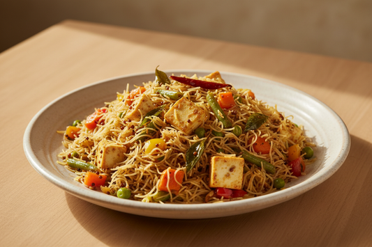 A high-resolution, professional food photograph of a plated vermicelli sevai- mild beige in colour mixed in Garnished with indian tadka in mustard seeds, curry leaves,  paneer, sautéed carrot, green beans, bell peppers, green peas. Styled on a ceramic plate with soft natural lighting..  Shallow depth of field, clean background, minimalistic composition, restaurant-style presentation, warm tones, soft shadows, top-down and 45° angle blend. 