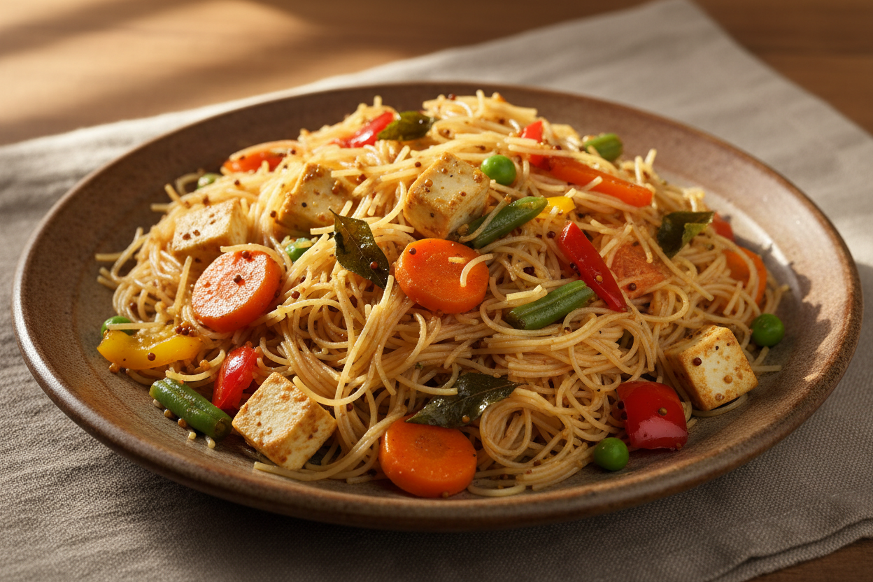A high-resolution, professional food photograph of a plated vermicelli sevai- mild beige in colour mixed in Garnished with indian tadka in mustard seeds, curry leaves,  paneer, sautéed carrot, green beans, bell peppers, green peas. Styled on a ceramic plate with soft natural lighting..  Shallow depth of field, clean background, minimalistic composition, restaurant-style presentation, warm tones, soft shadows, top-down and 45° angle blend. 