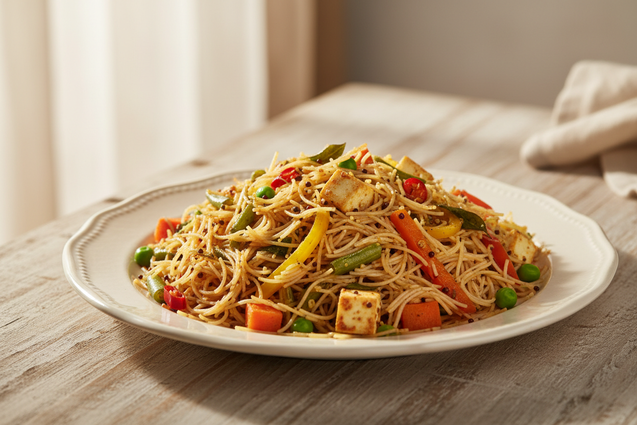 A high-resolution, professional food photograph of a plated vermicelli sevai- mild beige in colour mixed in Garnished with indian tadka in mustard seeds, curry leaves,  paneer, sautéed carrot, green beans, bell peppers, green peas. Styled on a ceramic plate with soft natural lighting..  Shallow depth of field, clean background, minimalistic composition, restaurant-style presentation, warm tones, soft shadows, top-down and 45° angle blend. 