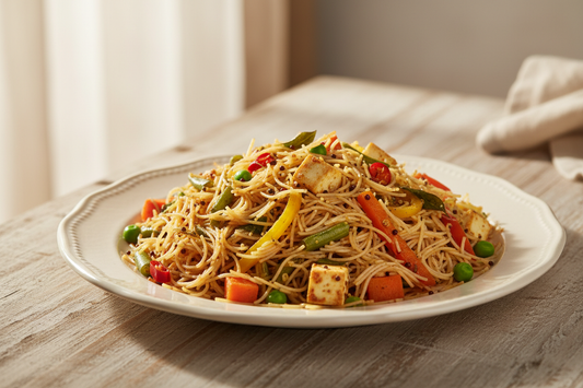 A high-resolution, professional food photograph of a plated vermicelli sevai- mild beige in colour mixed in Garnished with indian tadka in mustard seeds, curry leaves,  paneer, sautéed carrot, green beans, bell peppers, green peas. Styled on a ceramic plate with soft natural lighting..  Shallow depth of field, clean background, minimalistic composition, restaurant-style presentation, warm tones, soft shadows, top-down and 45° angle blend. 