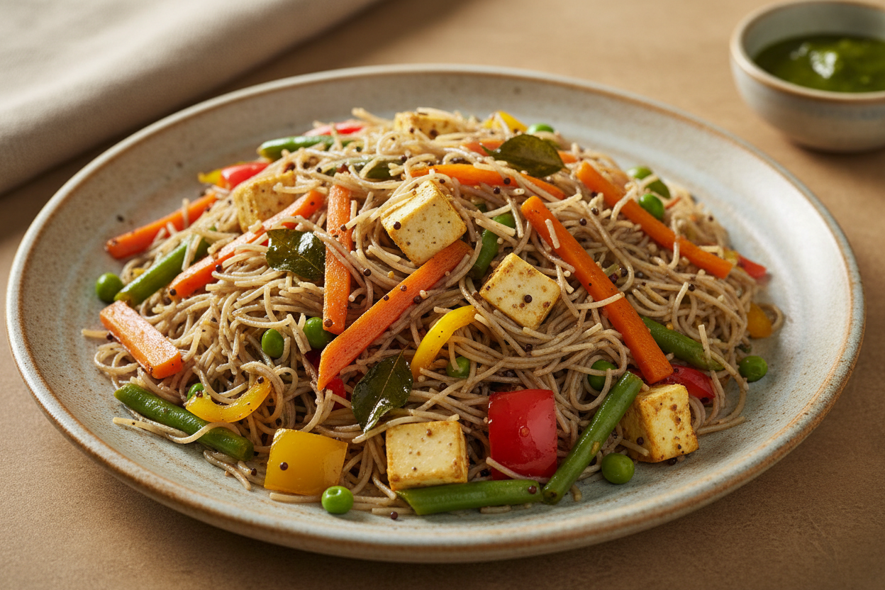 A high-resolution, professional food photograph of a plated vermicelli sevai- mild gray in colour mixed in Garnished with indian tadka in mustard seeds, curry leaves,  paneer, sautéed carrot, green beans, bell peppers, green peas. Styled on a ceramic plate with soft natural lighting..  Shallow depth of field, clean background, minimalistic composition, restaurant-style presentation, warm tones, soft shadows, top-down and 45° angle blend. 