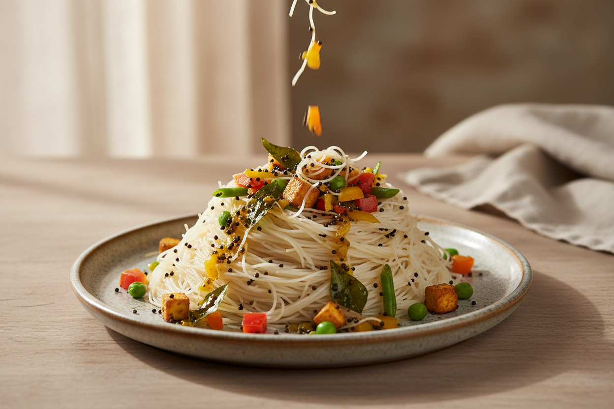 A high-resolution, professional food photograph of a plated vermicelli sevai- mild whitish in colour, silky. Styled on a ceramic plate with soft natural lighting. Garnished with indian tadka in mustard seeds, curry leaves,  paneer, sautéed carrot, green beans, bell peppers, green peas. Shallow depth of field, clean background, minimalistic composition, restaurant-style presentation, warm tones, soft shadows, top-down and 45° angle blend. 
