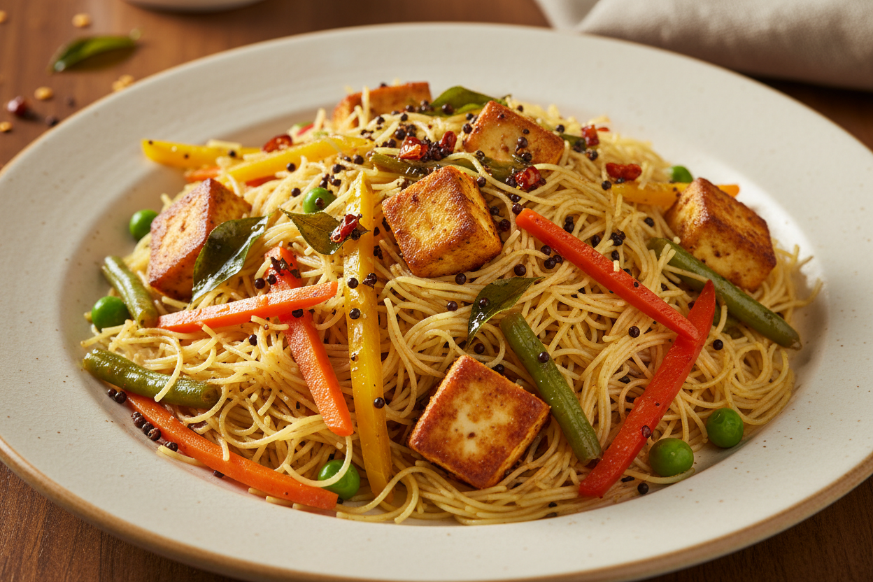 A high-resolution, professional food photograph of a plated vermicelli sevai- mild yellow in colour mixed in Garnished with indian tadka in mustard seeds, curry leaves,  paneer, sautéed carrot, green beans, bell peppers, green peas. Styled on a ceramic plate with soft natural lighting..  Shallow depth of field, clean background, minimalistic composition, restaurant-style presentation, warm tones, soft shadows, top-down and 45° angle blend. 