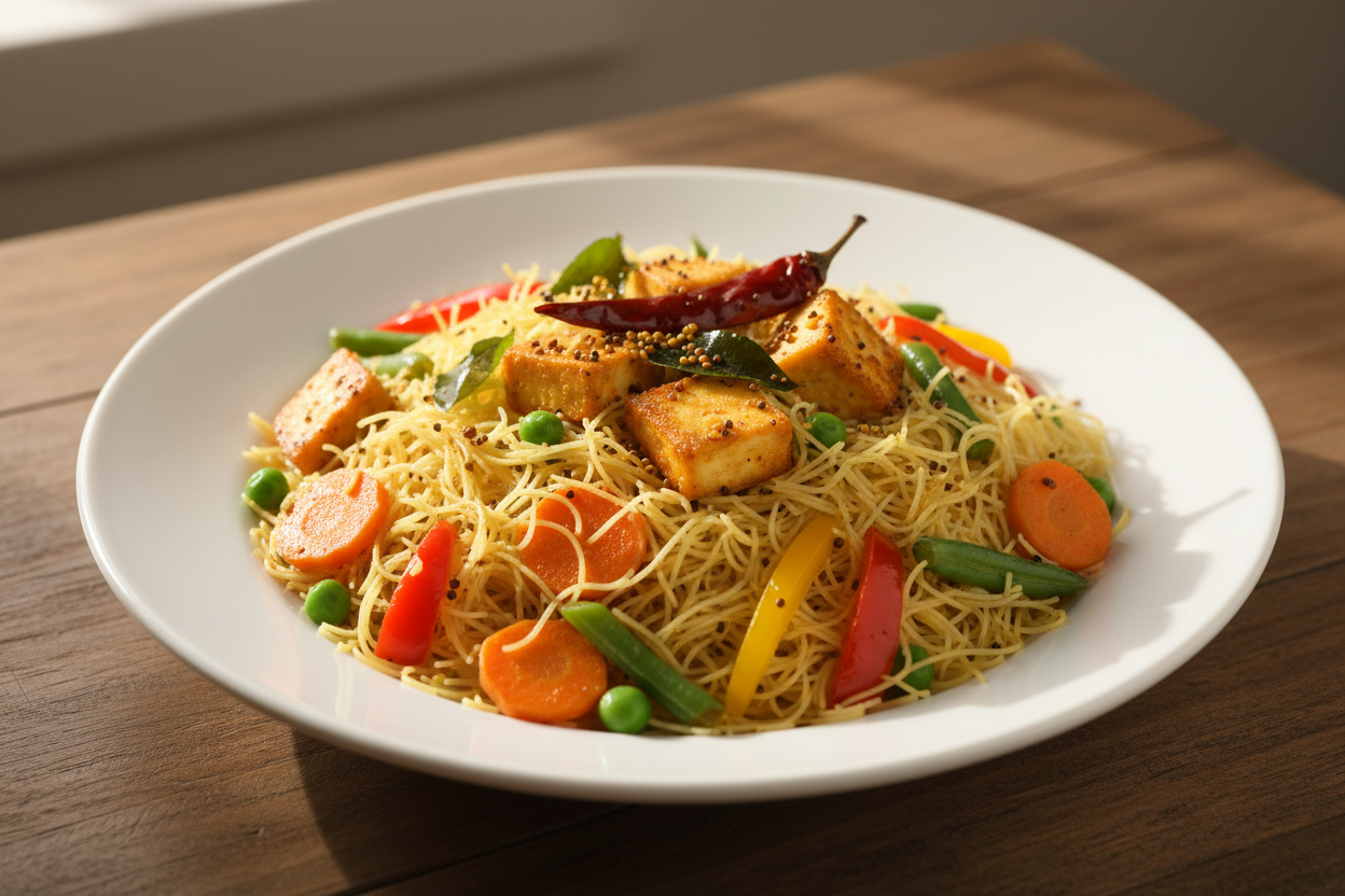 A high-resolution, professional food photograph of a plated vermicelli sevai- mild yellowish in colour. Styled on a ceramic plate with soft natural lighting. Garnished with indian tadka in mustard seeds, curry leaves,  paneer, sautéed carrot, green beans, bell peppers, green peas. Shallow depth of field, clean background, minimalistic composition, restaurant-style presentation, warm tones, soft shadows, top-down and 45° angle blend. 