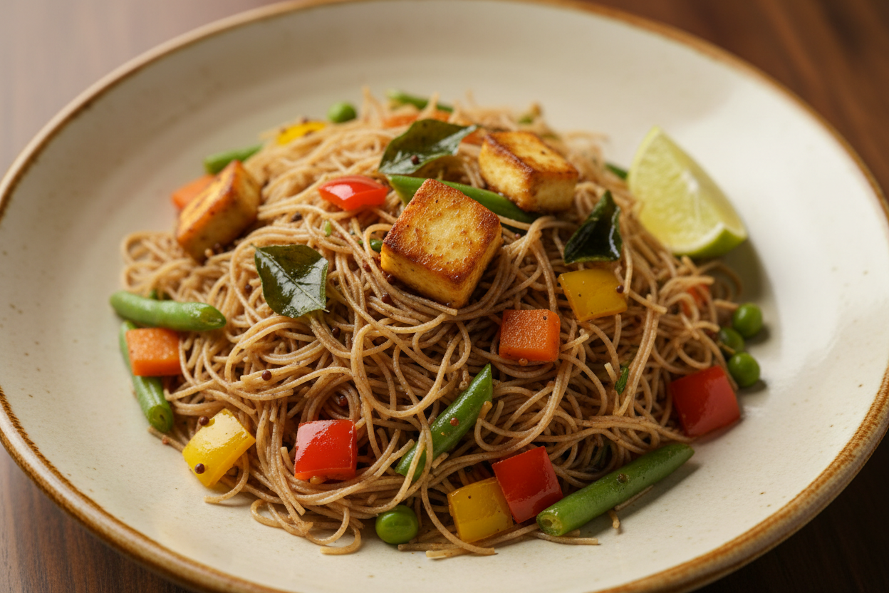 A high-resolution, professional food photograph of a plated very thin vermicelli sevai- mild dark brownish in colour mixed in Garnished with indian tadka in mustard seeds, curry leaves,  paneer, sautéed carrot, green beans, bell peppers, green peas with a cut lime slice. Styled on a ceramic plate with soft natural lighting..  Shallow depth of field, clean background, minimalistic composition, restaurant-style presentation, warm tones, soft shadows, top-down and 45° angle blend. 