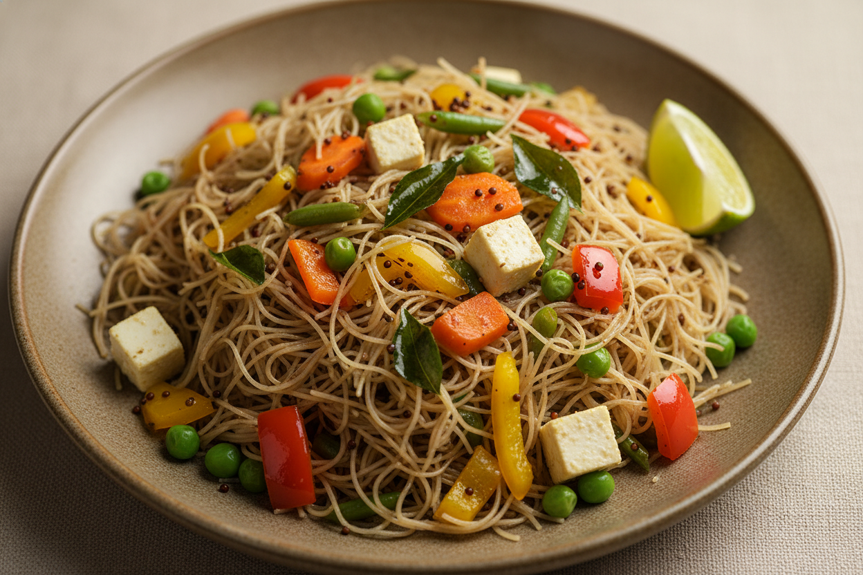 A high-resolution, professional food photograph of a plated very thin vermicelli sevai- mild dark brownish in colour mixed in Garnished with indian tadka in mustard seeds, curry leaves,  paneer, sautéed carrot, green beans, bell peppers, green peas with a cut lime slice. Styled on a ceramic plate with soft natural lighting..  Shallow depth of field, clean background, minimalistic composition, restaurant-style presentation, warm tones, soft shadows, top-down and 45° angle blend. 