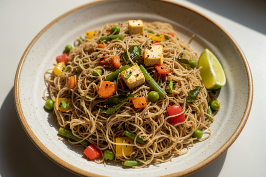 A high-resolution, professional food photograph of a plated very thin vermicelli sevai- mild dark brownish in colour mixed in Garnished with indian tadka in mustard seeds, curry leaves,  paneer, sautéed carrot, green beans, bell peppers, green peas with a cut lime slice. Styled on a ceramic plate with soft natural lighting..  Shallow depth of field, clean background, minimalistic composition, restaurant-style presentation, warm tones, soft shadows, top-down and 45° angle blend. 