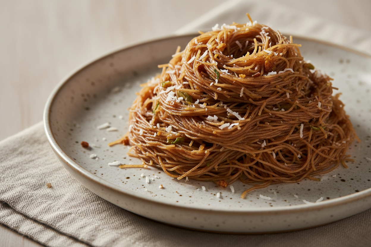 A high-resolution, professional food photograph of a plated very thin vermicelli sevai- mild dark brownish in colour mixed jaggery powder, grated coconut, cardamom powder and ghee. Styled on a ceramic plate with soft natural lighting..  Shallow depth of field, clean background, minimalistic composition, restaurant-style presentation, warm tones, soft shadows, top-down and 45° angle blend. 