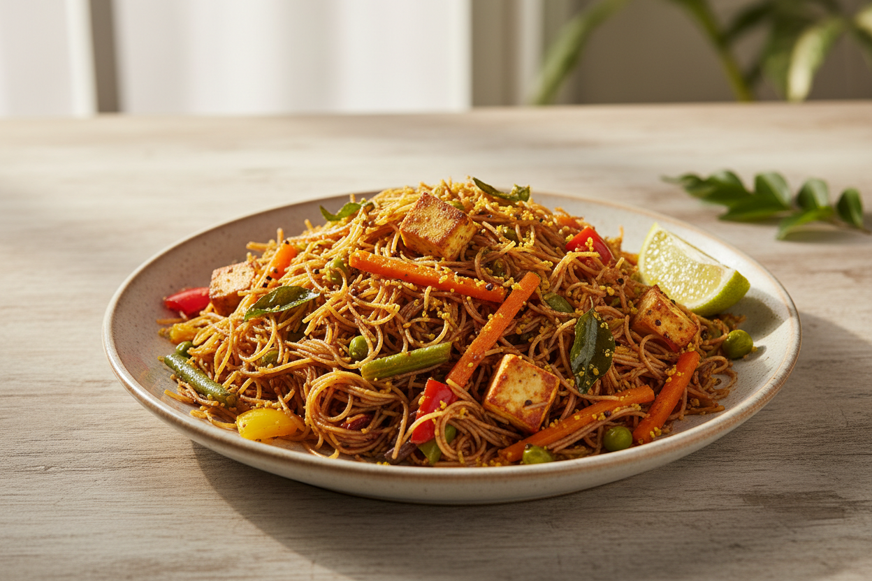 A high-resolution, professional food photograph of a plated very thin vermicelli sevai- mild dark brownish maroon in colour mixed in Garnished with indian tadka in mustard seeds, curry leaves,  paneer, sautéed carrot, green beans, bell peppers, green peas with a cut lime slice. Styled on a ceramic plate with soft natural lighting..  Shallow depth of field, clean background, minimalistic composition, restaurant-style presentation, warm tones, soft shadows, top-down and 45° angle blend. 