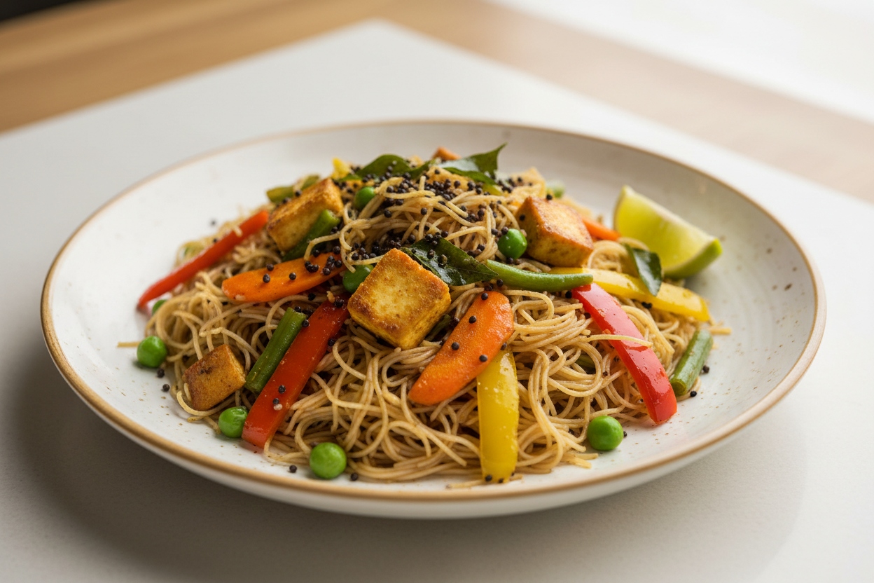 A high-resolution, professional food photograph of a plated very thin vermicelli sevai- mild dark in colour mixed in Garnished with indian tadka in mustard seeds, curry leaves,  paneer, sautéed carrot, green beans, bell peppers, green peas with a cut lime slice. Styled on a ceramic plate with soft natural lighting..  Shallow depth of field, clean background, minimalistic composition, restaurant-style presentation, warm tones, soft shadows, top-down and 45° angle blend. 