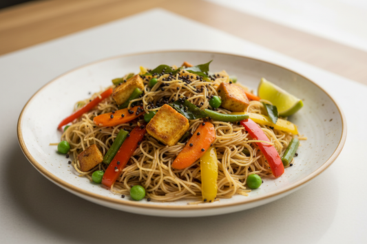 A high-resolution, professional food photograph of a plated very thin vermicelli sevai- mild dark in colour mixed in Garnished with indian tadka in mustard seeds, curry leaves,  paneer, sautéed carrot, green beans, bell peppers, green peas with a cut lime slice. Styled on a ceramic plate with soft natural lighting..  Shallow depth of field, clean background, minimalistic composition, restaurant-style presentation, warm tones, soft shadows, top-down and 45° angle blend. 