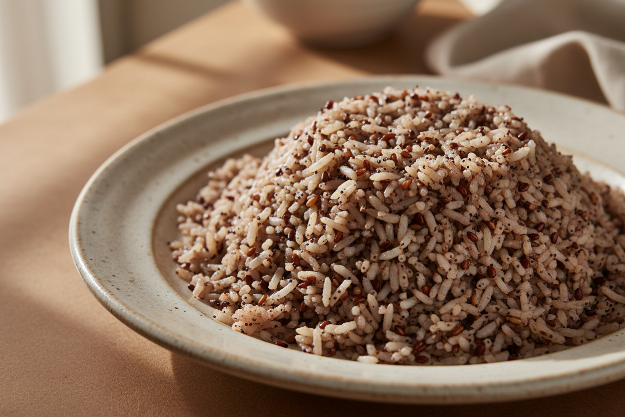 A high-resolution, professional food photograph of a podi cooked rice mix in gryish dark brown colour with maroonish sesame seeds mixed in. Styled on a ceramic plate, with soft natural lighting. Shallow depth of field, clean background, minimalistic composition, restaurant-style presentation, warm tones, soft shadows, top-down and 45° angle blend. 